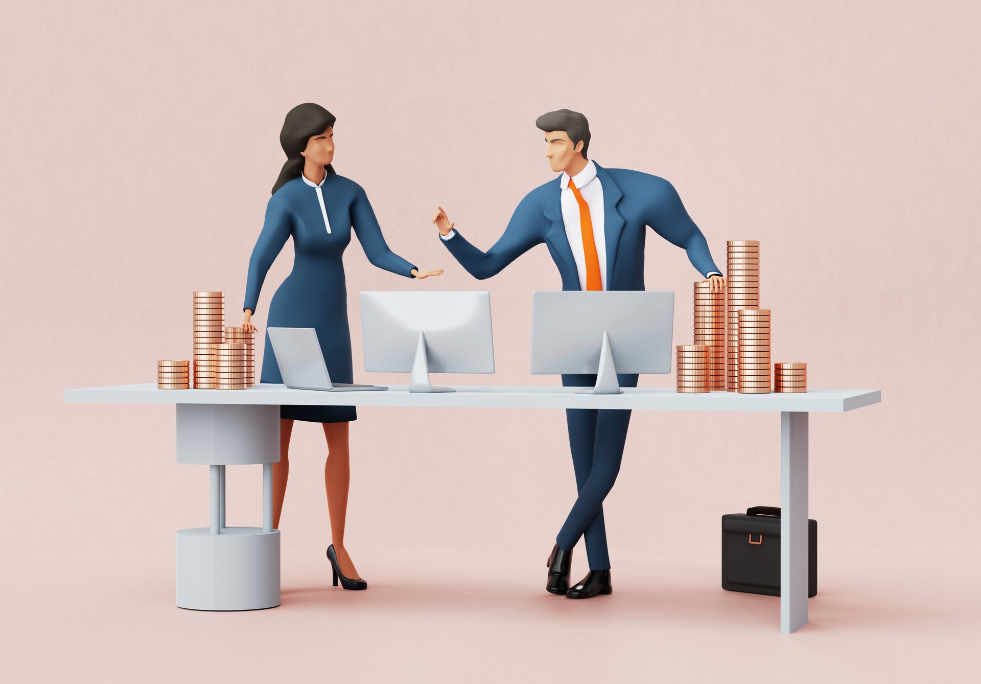 Successful business people are talking in office, sharing ideas, collaborating on a project. 3D rendering illustration